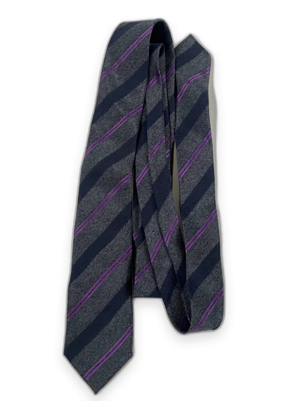 Z Zegna Silk Cotton Regimental Stripe Necktie Grey Navy Purple